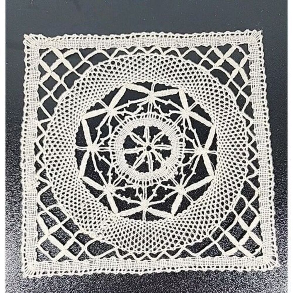Vintage Hand Crocheted Doily, Round, Very Light Beige, Cotton, Flower Design